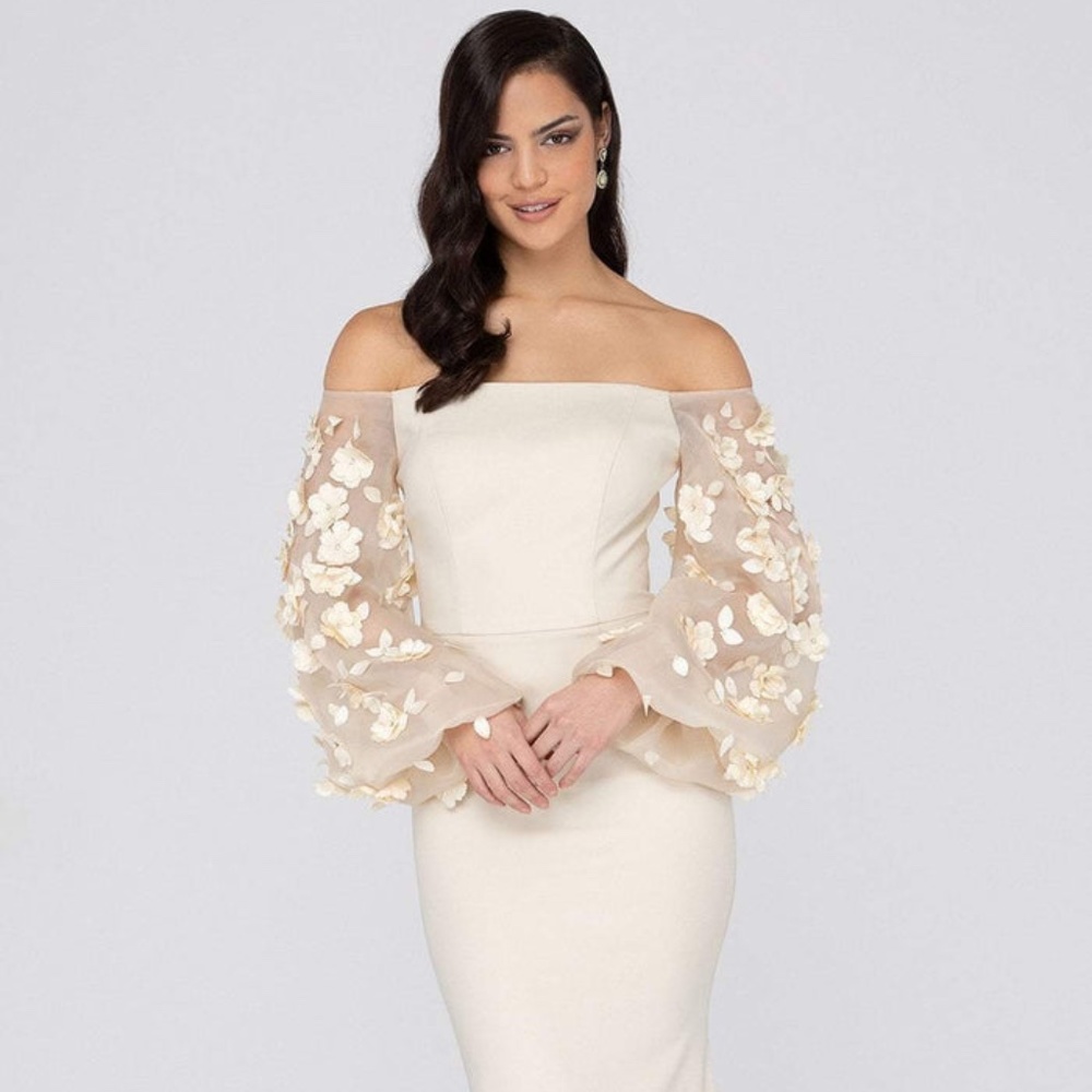 Terani Couture - 1911E9128 Size 12Offshoulder Floral Accent Puff Sleeves Gown
